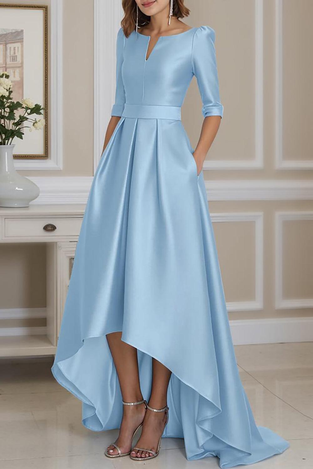 Dreamyannie Light Blue Satin A Line High Low Mother Of The Bride Dress With Sleeves