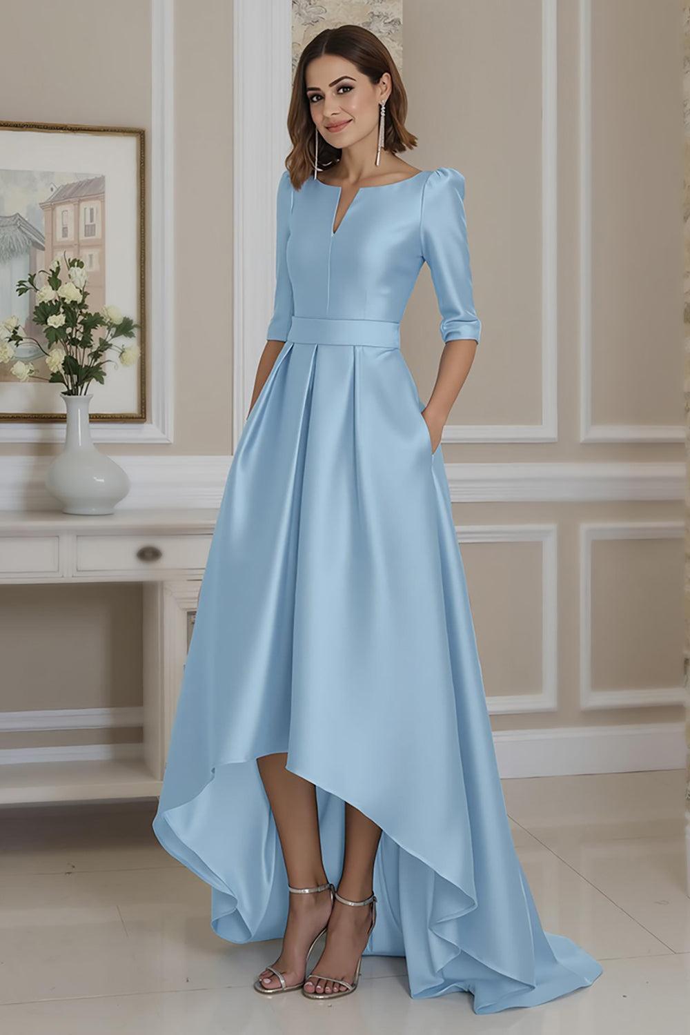 Dreamyannie Light Blue Satin A Line High Low Mother Of The Bride Dress With Sleeves