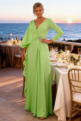 Dreamyannie Light Green Chiffon Ruffled Sheath Long Mother Of The Bride Dress With Bow