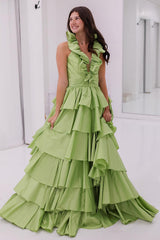 Dreamyannie Light Green Prom Dress Ruffled Halter Chiffon A Line Evening Dress