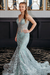 Dreamyannie Light Green Prom Dress V-Neck Mermaid Tulle Evening Dress