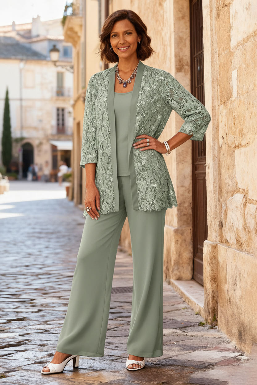 Dreamyannie Light Grey Chiffon Round Neck 3 Piece Mother Of The Bride Pant Suits With Jacket