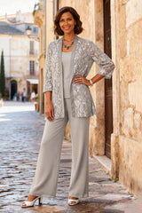 Dreamyannie Light Grey Chiffon Round Neck 3 Piece Mother Of The Bride Pant Suits With Jacket