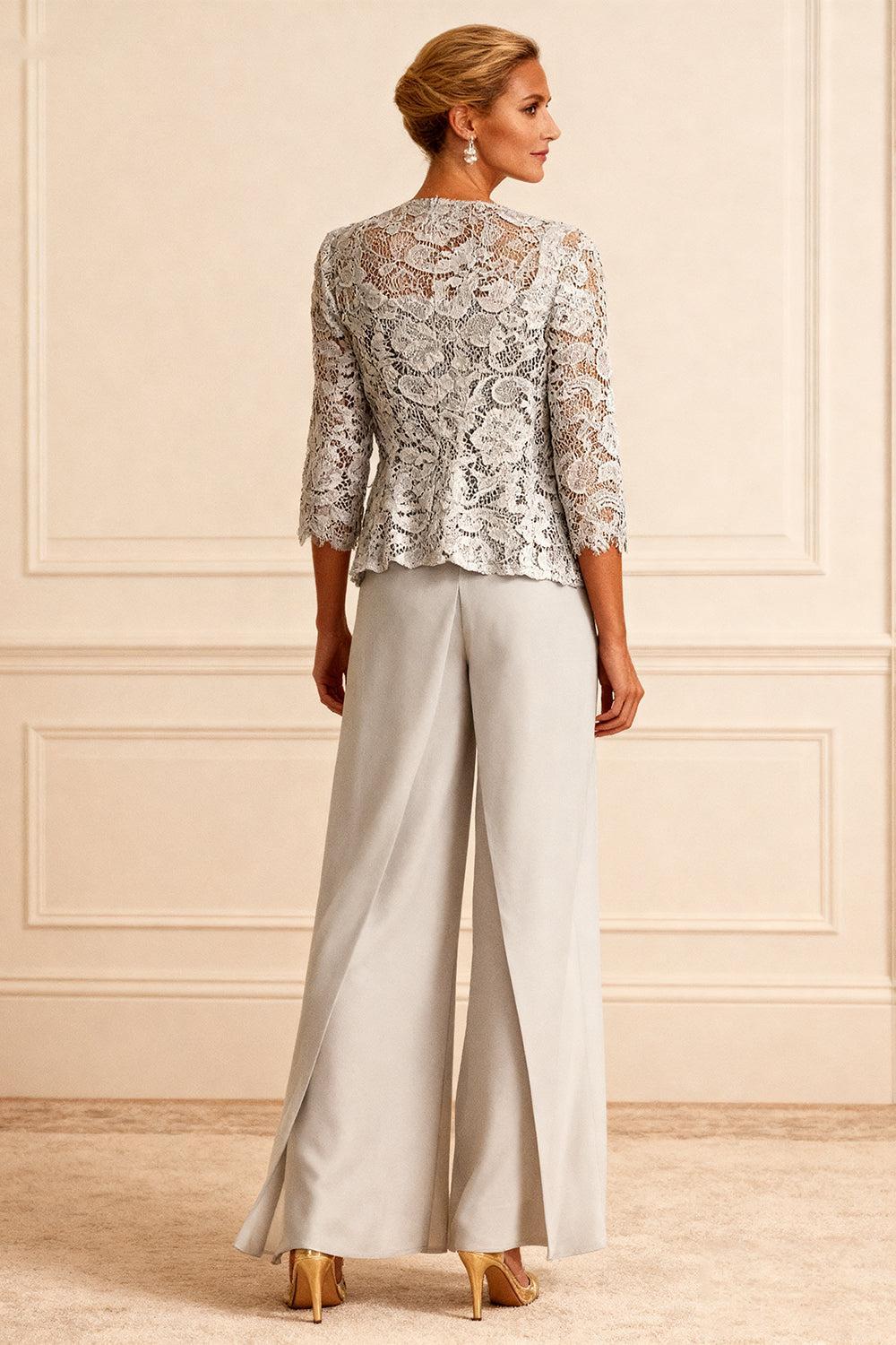 Dreamyannie Light Grey Chiffon Square Neck 3 Piece Mother Of The Bride Pant Suits With Jacket