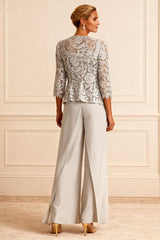 Dreamyannie Light Grey Chiffon Square Neck 3 Piece Mother Of The Bride Pant Suits With Jacket
