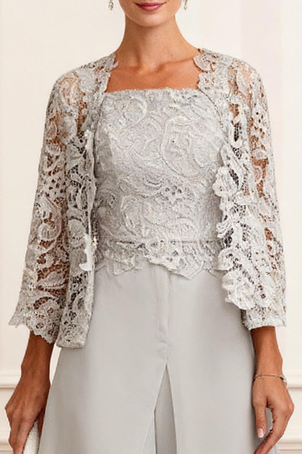 Dreamyannie Light Grey Chiffon Square Neck 3 Piece Mother Of The Bride Pant Suits With Jacket