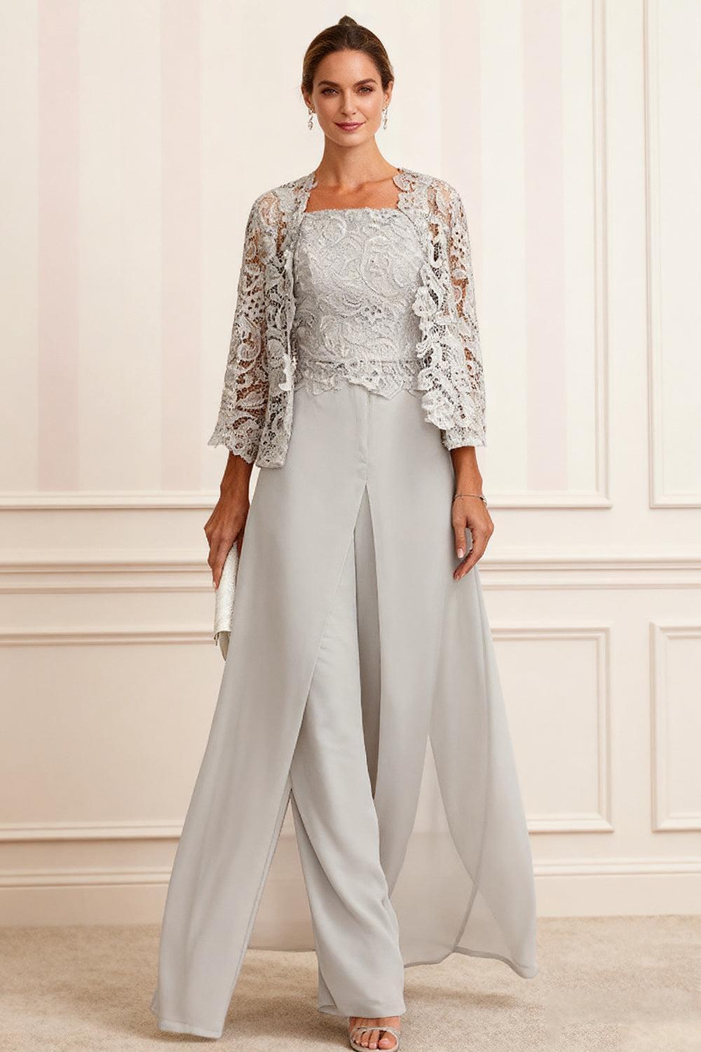 Dreamyannie Light Grey Chiffon Square Neck 3 Piece Mother Of The Bride Pant Suits With Jacket