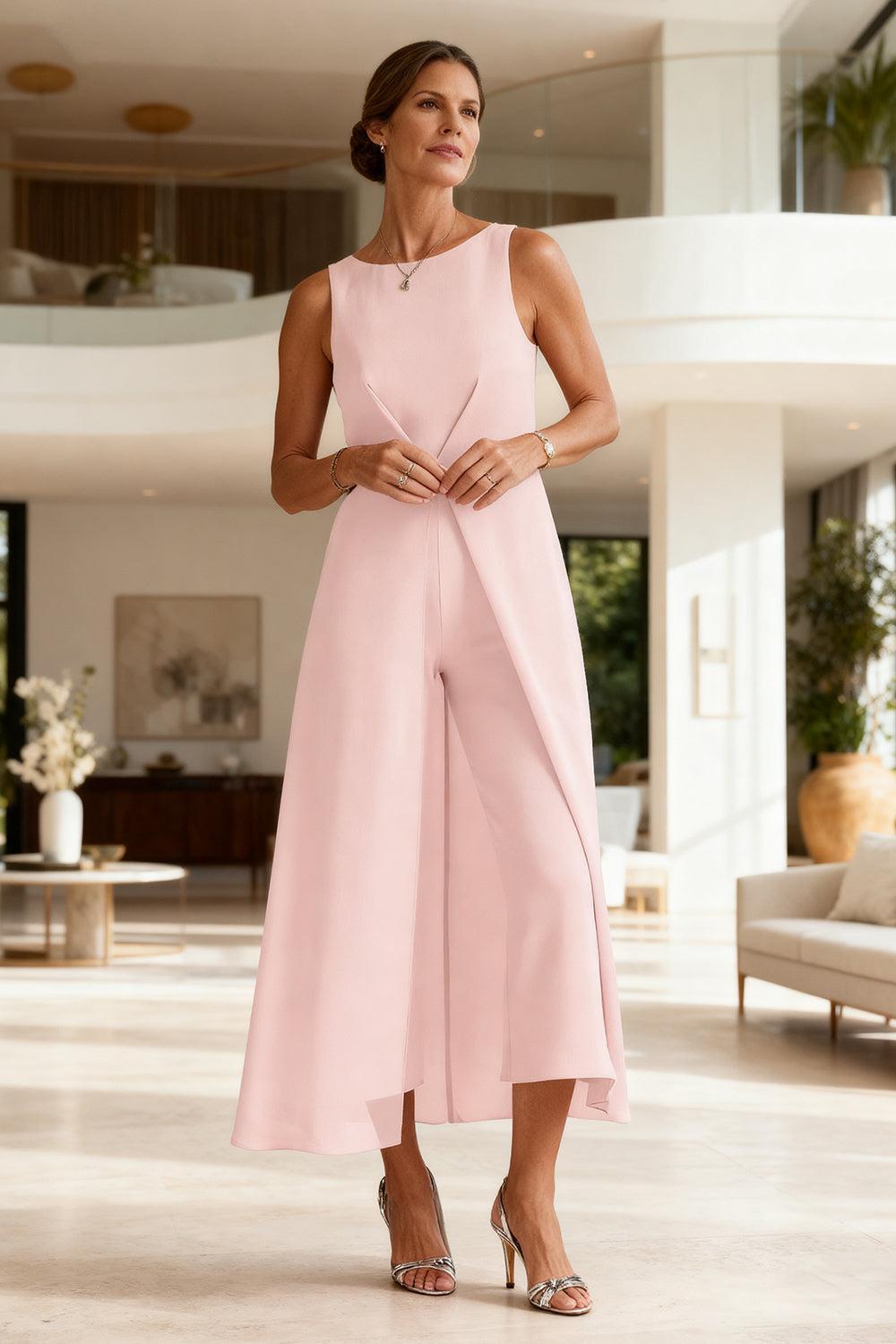 Dreamyannie Light Pink Chiffon Boat Neck Ankle Length Mother Of The Bride Jumpsuits With Cape