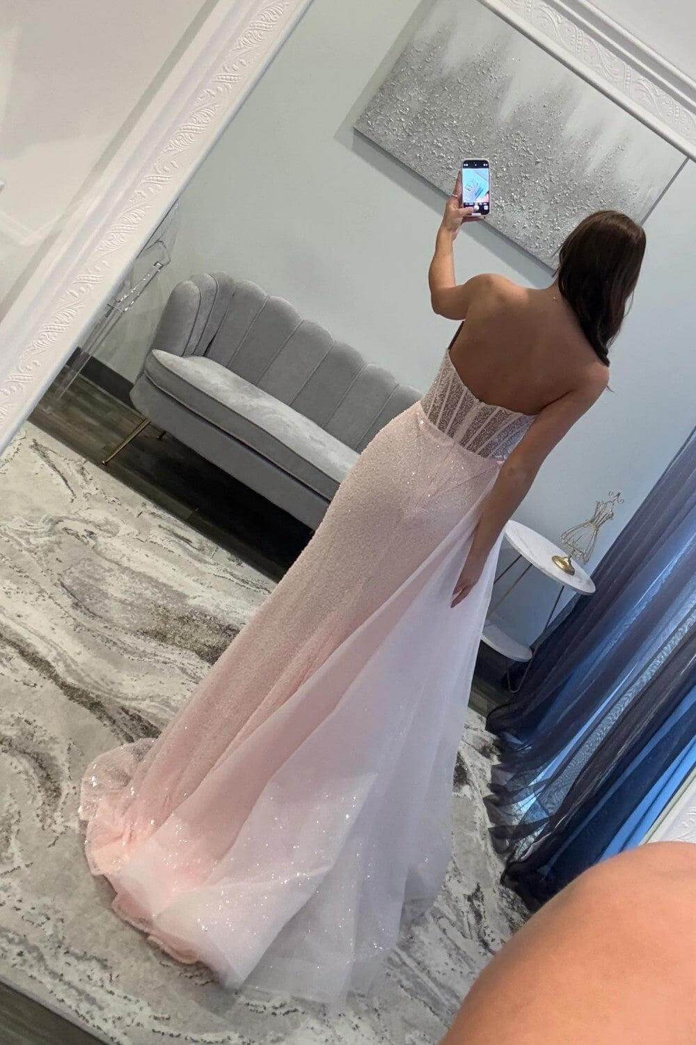 Dreamyannie Light Pink Prom Dress Corset Tulle Long Formal Dress With Slit