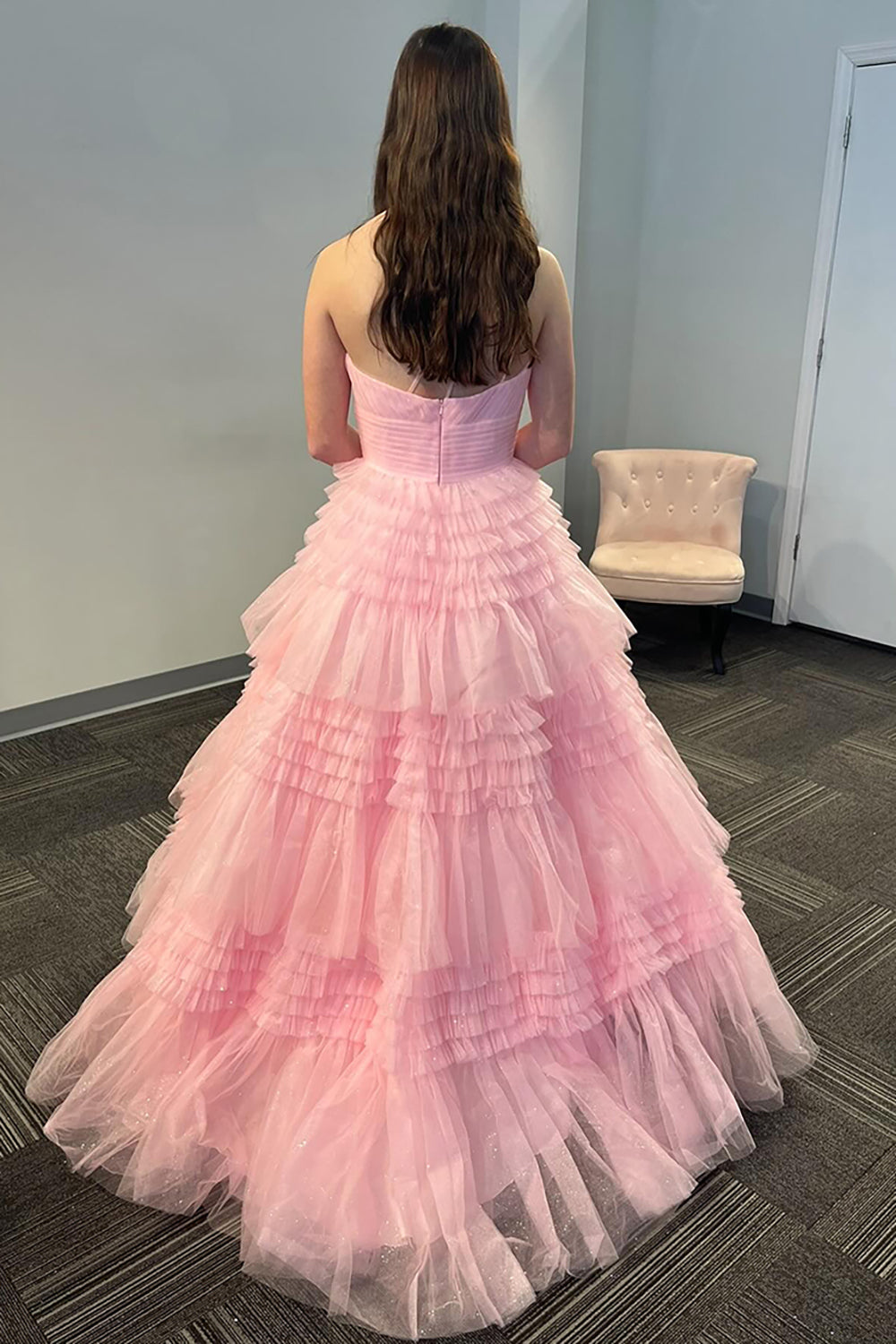 Dreamyannie Light Pink Prom Dress Tiered A-Line One Shoulder Long Evening Dress