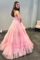 Dreamyannie Light Pink Prom Dress Tiered A-Line One Shoulder Long Evening Dress