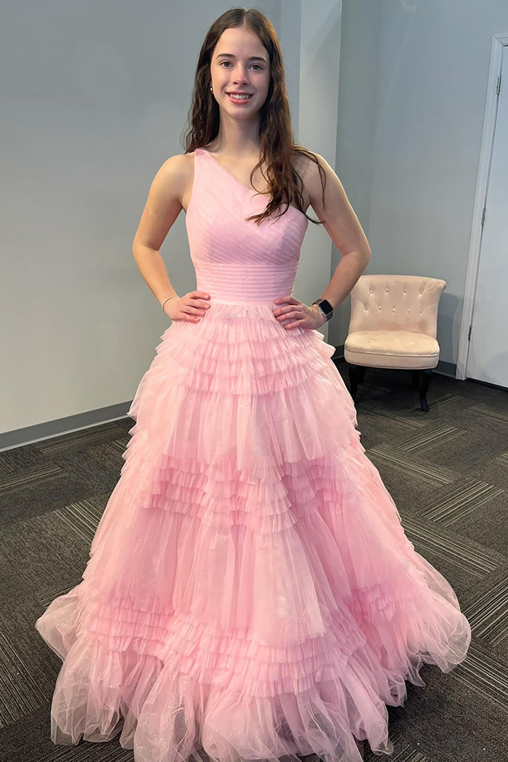 Dreamyannie Light Pink Prom Dress Tiered A-Line One Shoulder Long Evening Dress