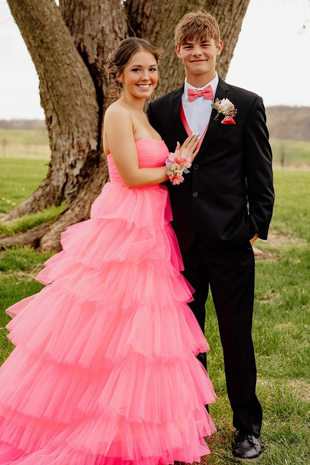 Dreamyannie Light Pink Prom Dress Tulle Tiered A-Line Sweetheart Long Evening Dress