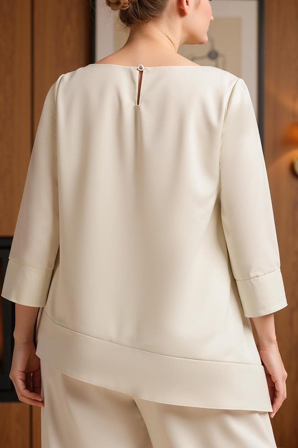 Dreamyannie Light Pink Satin Boat Neck 2 Piece Mother Of The Bride Pant Suits With Sleeves