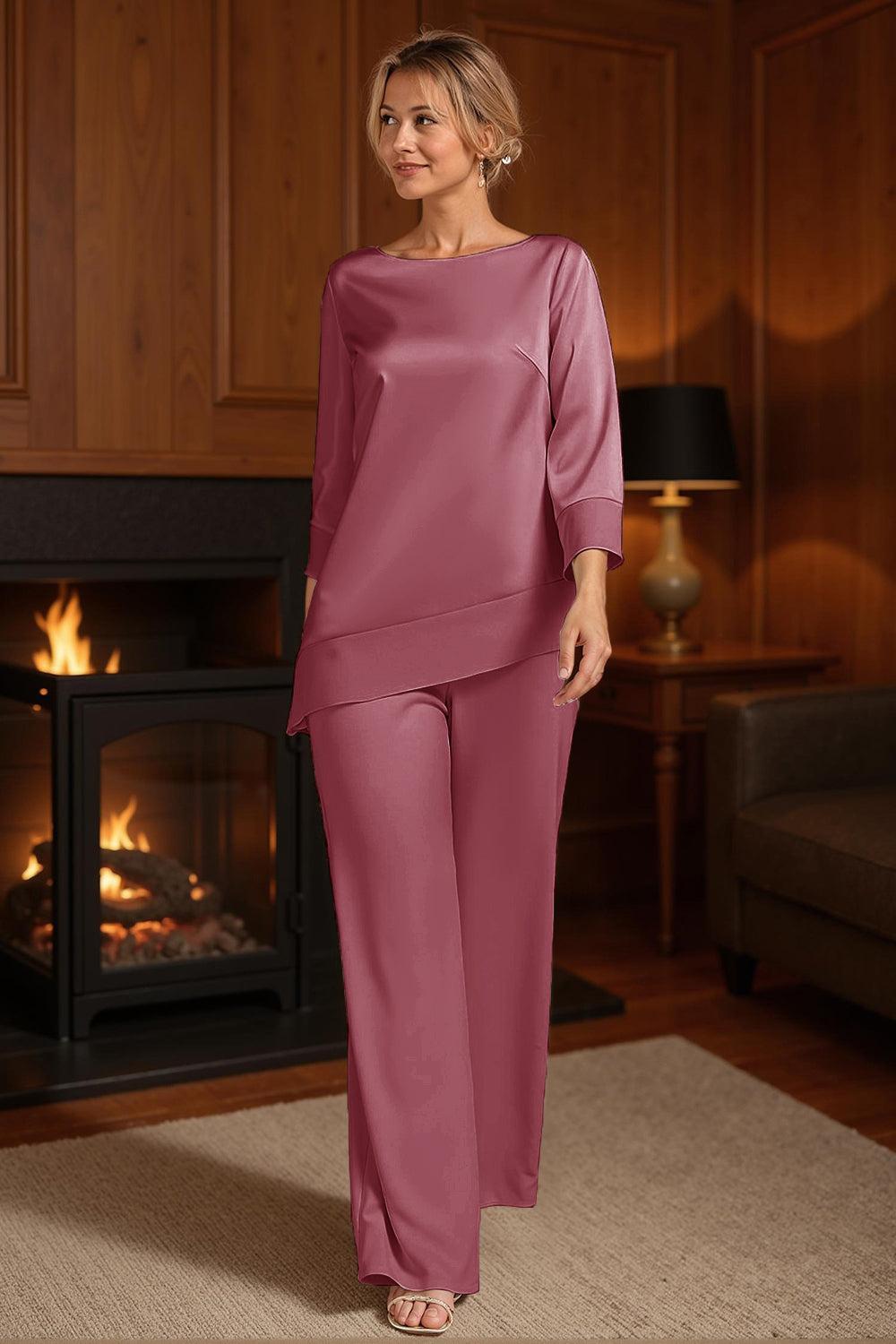 Dreamyannie Light Pink Satin Boat Neck 2 Piece Mother Of The Bride Pant Suits With Sleeves