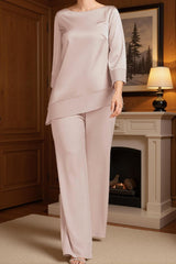 Dreamyannie Light Pink Satin Boat Neck 2 Piece Mother Of The Bride Pant Suits With Sleeves