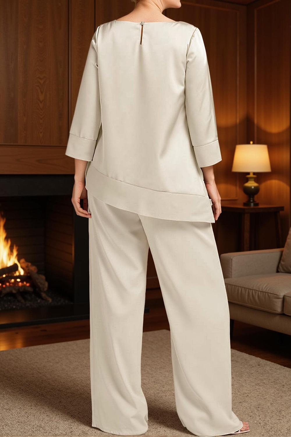 Dreamyannie Light Pink Satin Boat Neck 2 Piece Mother Of The Bride Pant Suits With Sleeves