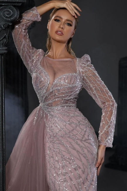 Dreamyannie Light Purple Prom Dress Mermaid Crew Beaded Sleeves Tulle Panel Train Formal Dress