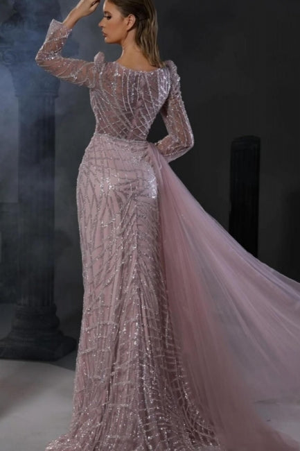 Dreamyannie Light Purple Prom Dress Mermaid Crew Beaded Sleeves Tulle Panel Train Formal Dress