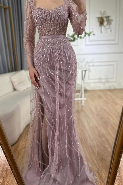 Dreamyannie Light Purple Prom Dress Mermaid Square Sequined Sleeves Tulle Formal Dress With Slit