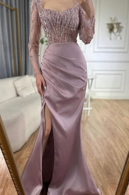 Dreamyannie Light Purple Prom Dress Mermaid Square Sequined Sleeves Tulle Formal Dress With Slit