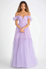 Dreamyannie Lilac A Line Off The Shoulder Tulle Long Formal Dress