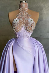 Dreamyannie Lilac Prom Dress A Line High Neck Lace Satin Formal Dress With Slit