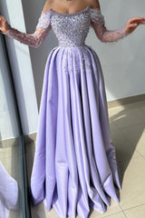 Dreamyannie Lilac Prom Dress A Line Off The Shoulder Rhinestones Satin Pearls Evening Dress