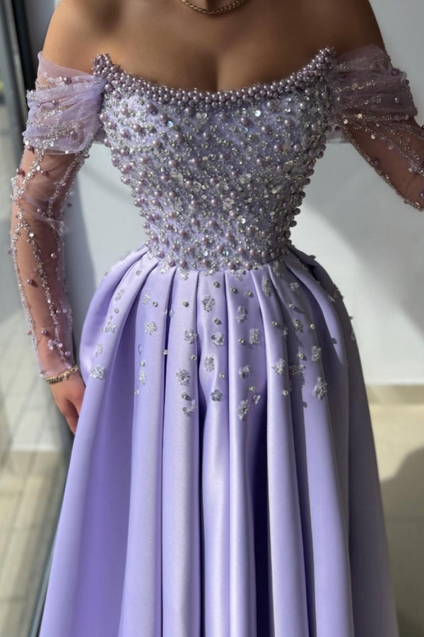Dreamyannie Lilac Prom Dress A Line Off The Shoulder Rhinestones Satin Pearls Evening Dress