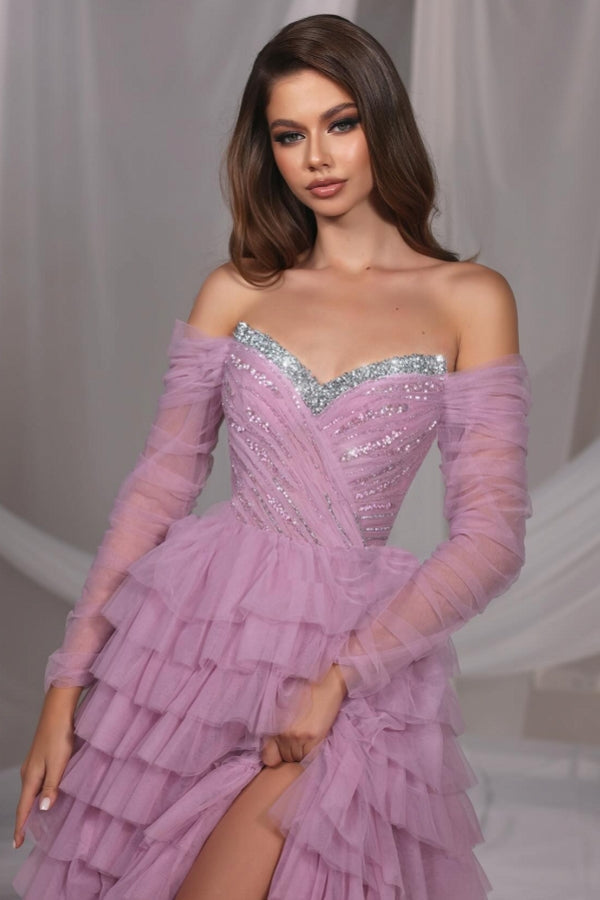 Dreamyannie Lilac Prom Dress A Line Off The Shoulder Sequined Tulle Evening Dress With Slit
