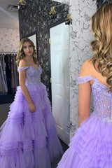 Dreamyannie Lilac Prom Dress A-Line Ruffled Corset Long Evening Dress