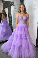 Dreamyannie Lilac Prom Dress A-Line Ruffled Corset Long Evening Dress