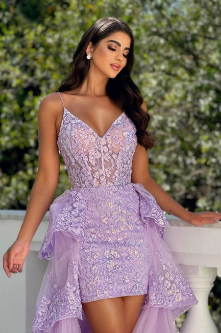 Dreamyannie Lilac Prom Dress A Line Spaghetti Strap Sleeveless Lace Panel Train Hi Lo Tulle Formal Dress With Appliques
