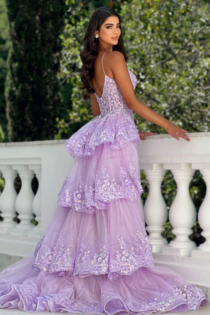 Dreamyannie Lilac Prom Dress A Line Spaghetti Strap Sleeveless Lace Panel Train Hi Lo Tulle Formal Dress With Appliques