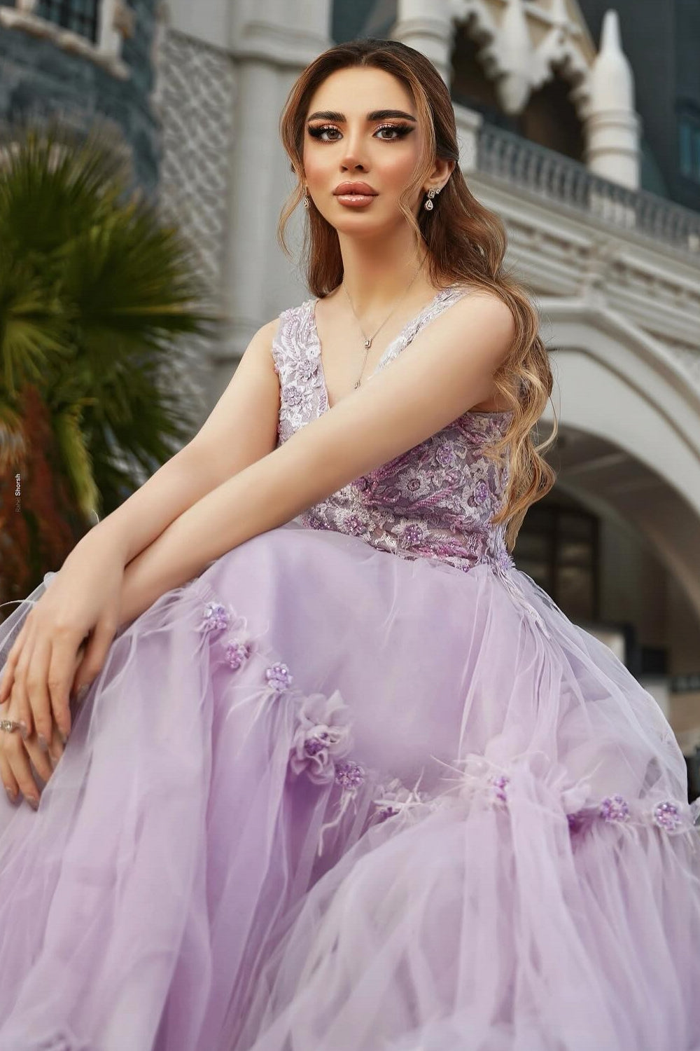 Dreamyannie Lilac Prom Dress A Line Spaghetti V Neck Sleeveless Beaded Tulle Formal Dress With Appliques