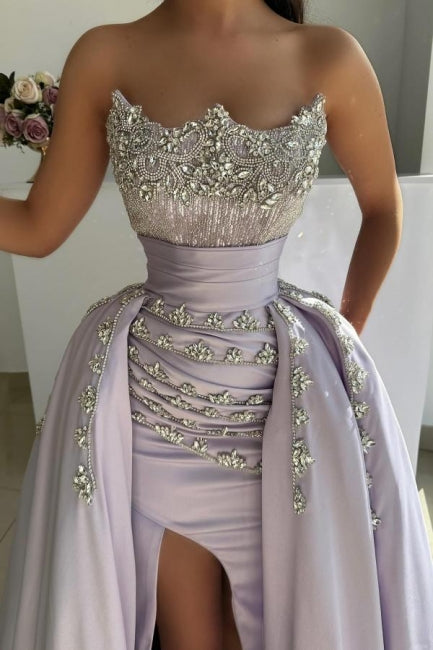 Dreamyannie Lilac Prom Dress A Line Strapless Sleeveless Beaded Panel Train Satin Formal Dress With Rhinestones