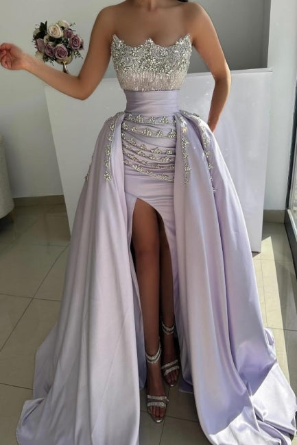 Dreamyannie Lilac Prom Dress A Line Strapless Sleeveless Beaded Panel Train Satin Formal Dress With Rhinestones