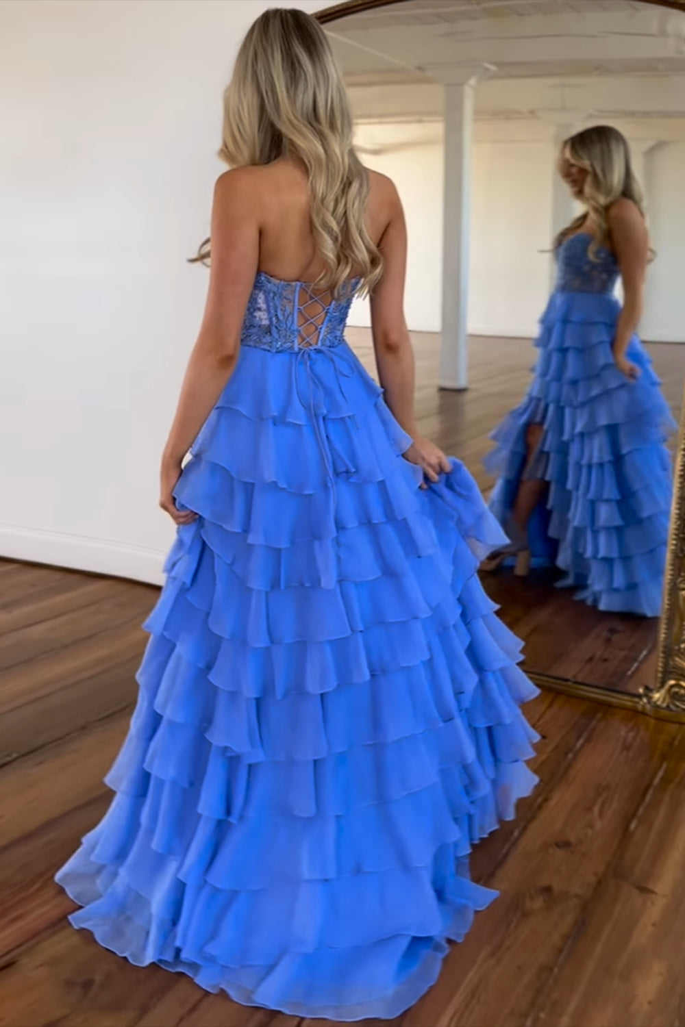 Dreamyannie Blush Pink Prom Dress A-Line Tiered Chiffon Long Formal Dress With Lace