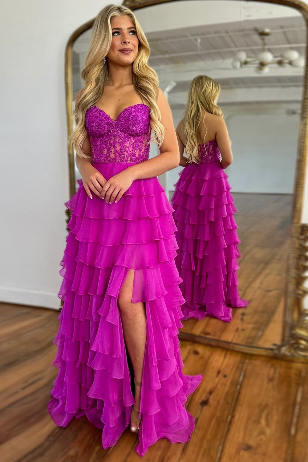 Dreamyannie Blush Pink Prom Dress A-Line Tiered Chiffon Long Formal Dress With Lace