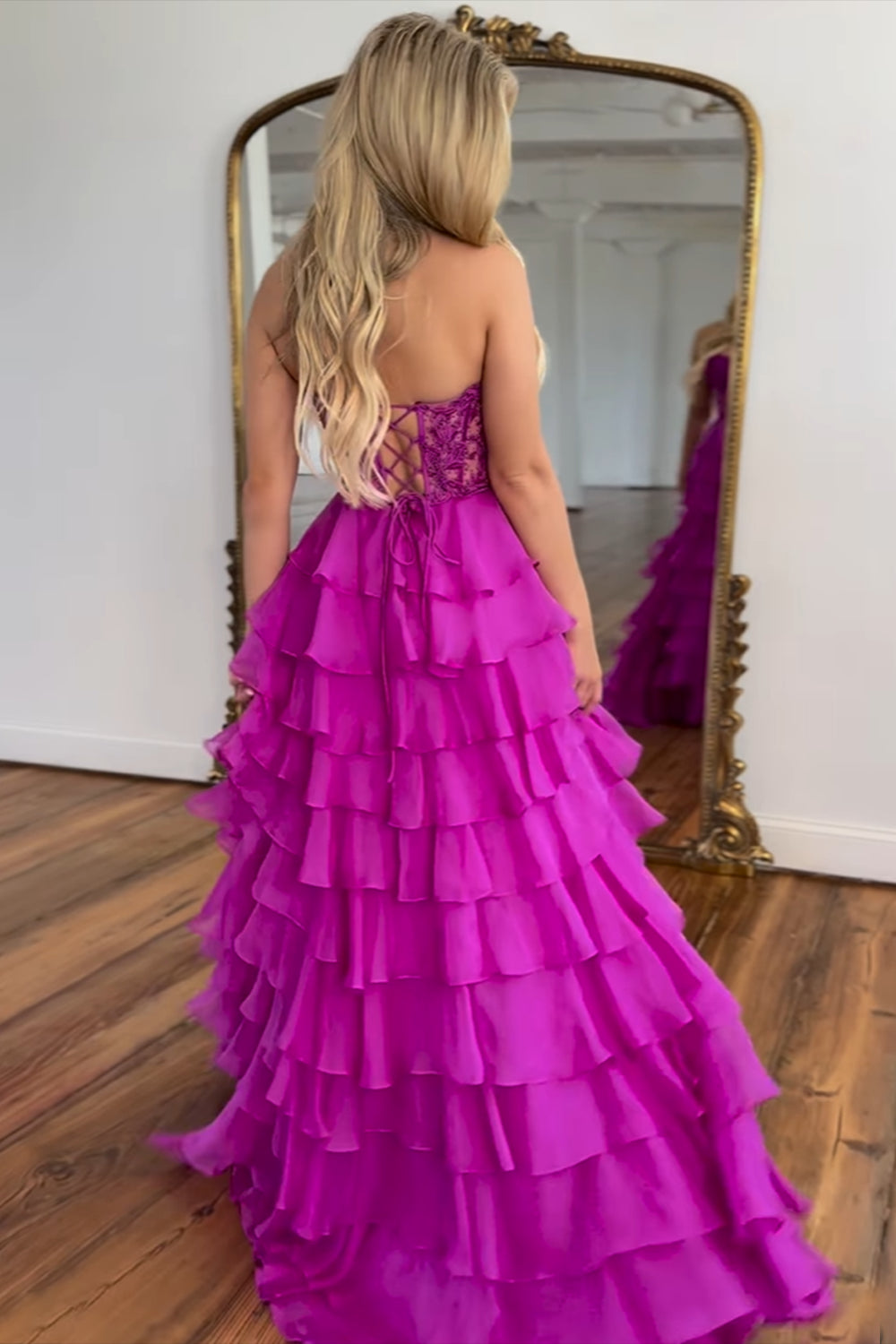 Dreamyannie Blush Pink Prom Dress A-Line Tiered Chiffon Long Formal Dress With Lace
