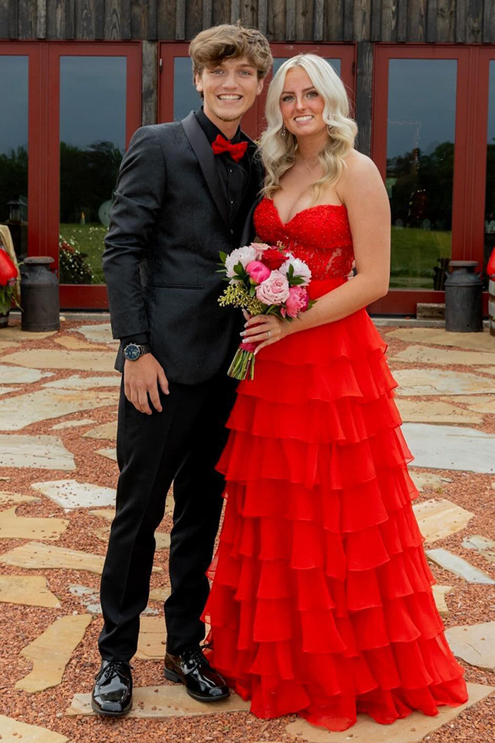 Dreamyannie Blush Pink Prom Dress A-Line Tiered Chiffon Long Formal Dress With Lace