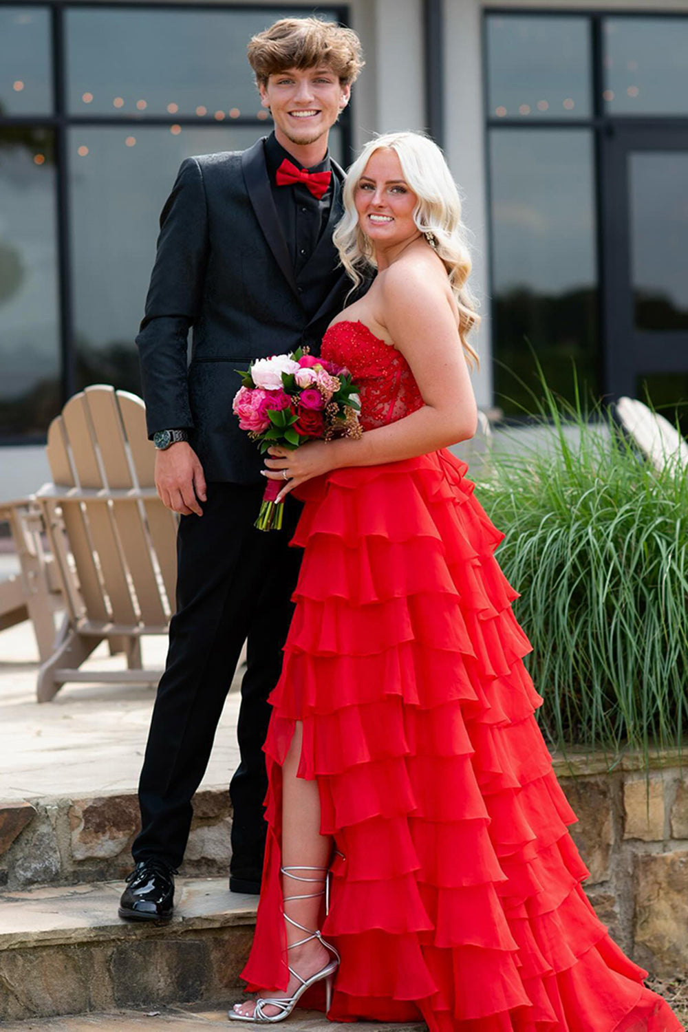 Dreamyannie Blush Pink Prom Dress A-Line Tiered Chiffon Long Formal Dress With Lace