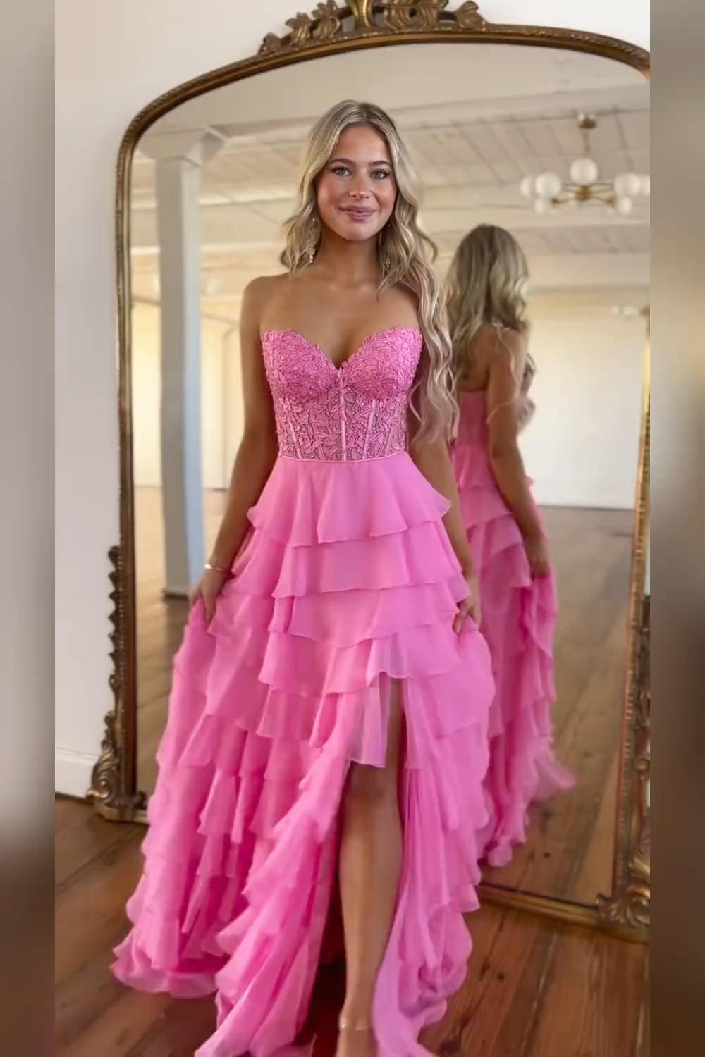 Dreamyannie Blush Pink Prom Dress A-Line Tiered Chiffon Long Formal Dress With Lace
