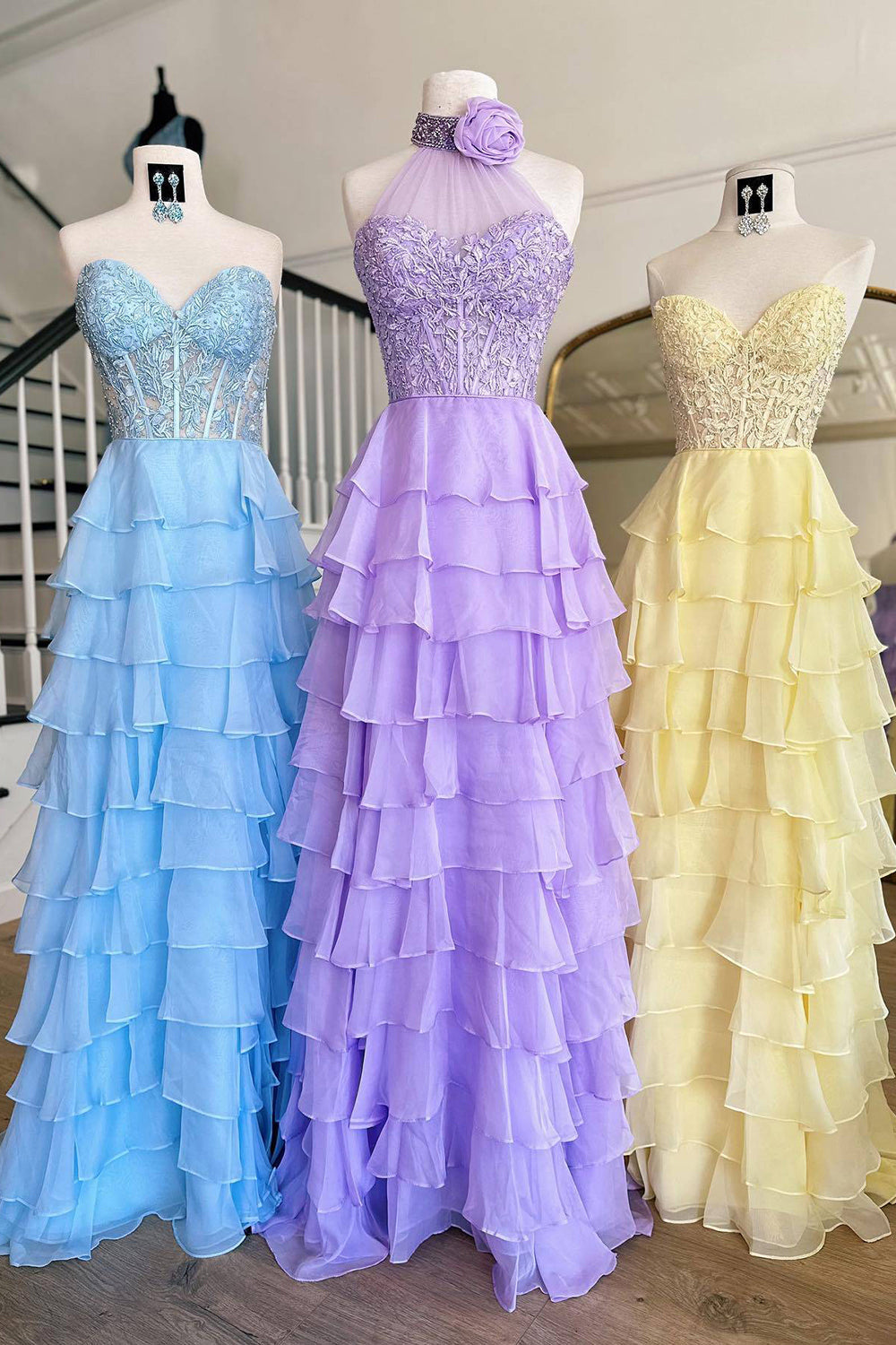 Dreamyannie Blush Pink Prom Dress A-Line Tiered Chiffon Long Formal Dress With Lace