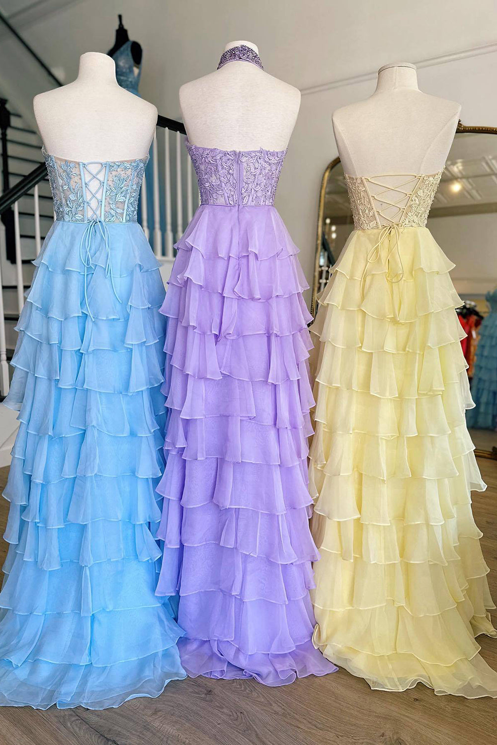 Dreamyannie Blush Pink Prom Dress A-Line Tiered Chiffon Long Formal Dress With Lace