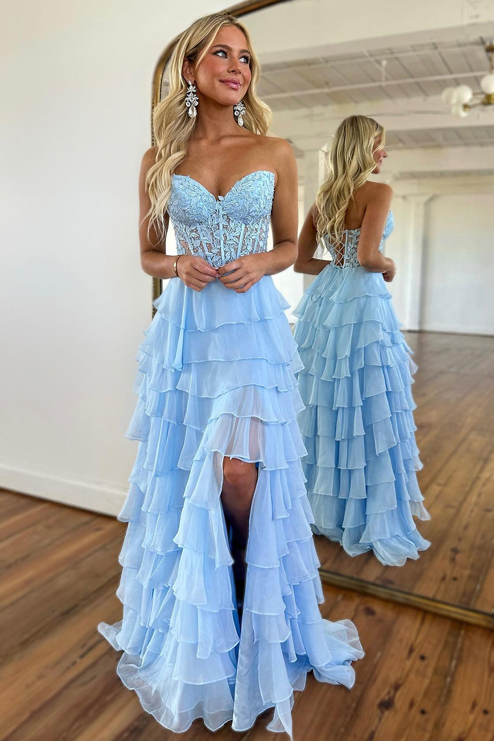 Dreamyannie Blush Pink Prom Dress A-Line Tiered Chiffon Long Formal Dress With Lace