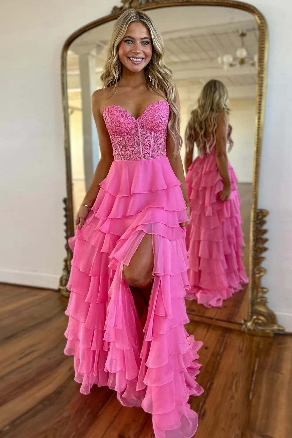 Dreamyannie Blush Pink Prom Dress A-Line Tiered Chiffon Long Formal Dress With Lace