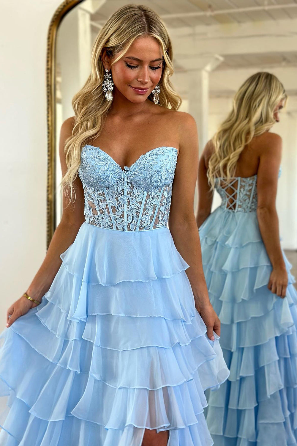 Dreamyannie Blush Pink Prom Dress A-Line Tiered Chiffon Long Formal Dress With Lace