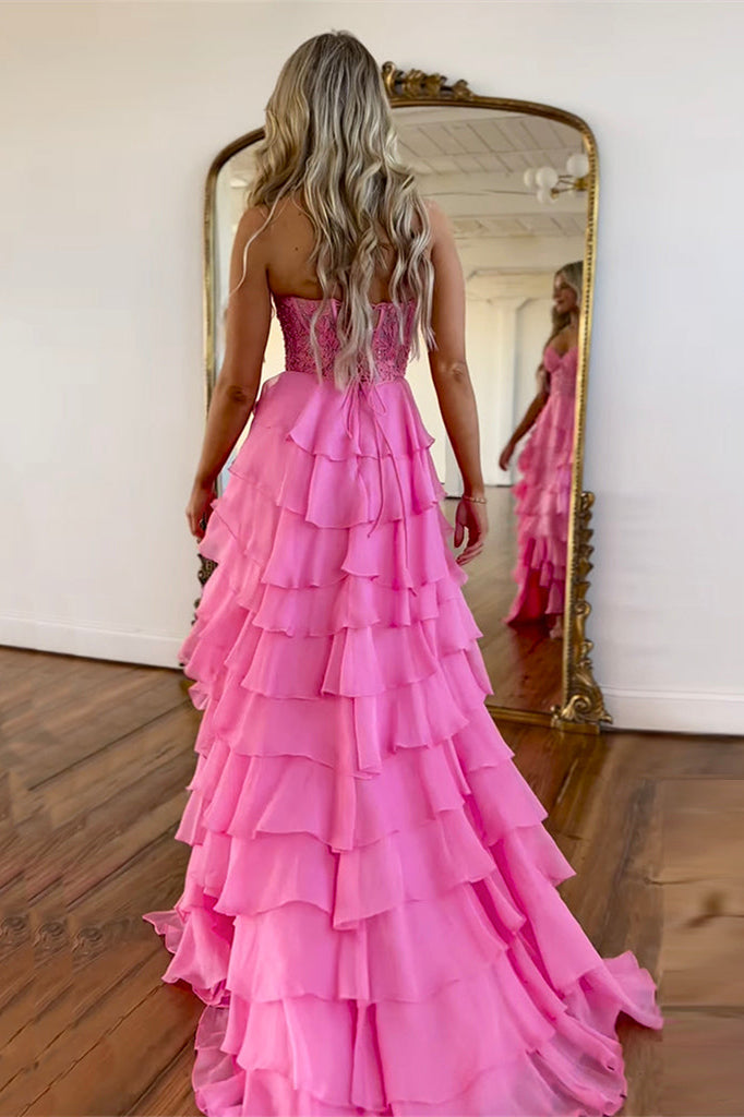 Dreamyannie Blush Pink Prom Dress A-Line Tiered Chiffon Long Formal Dress With Lace