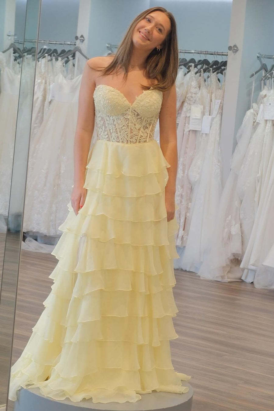 Dreamyannie Blush Pink Prom Dress A-Line Tiered Chiffon Long Formal Dress With Lace